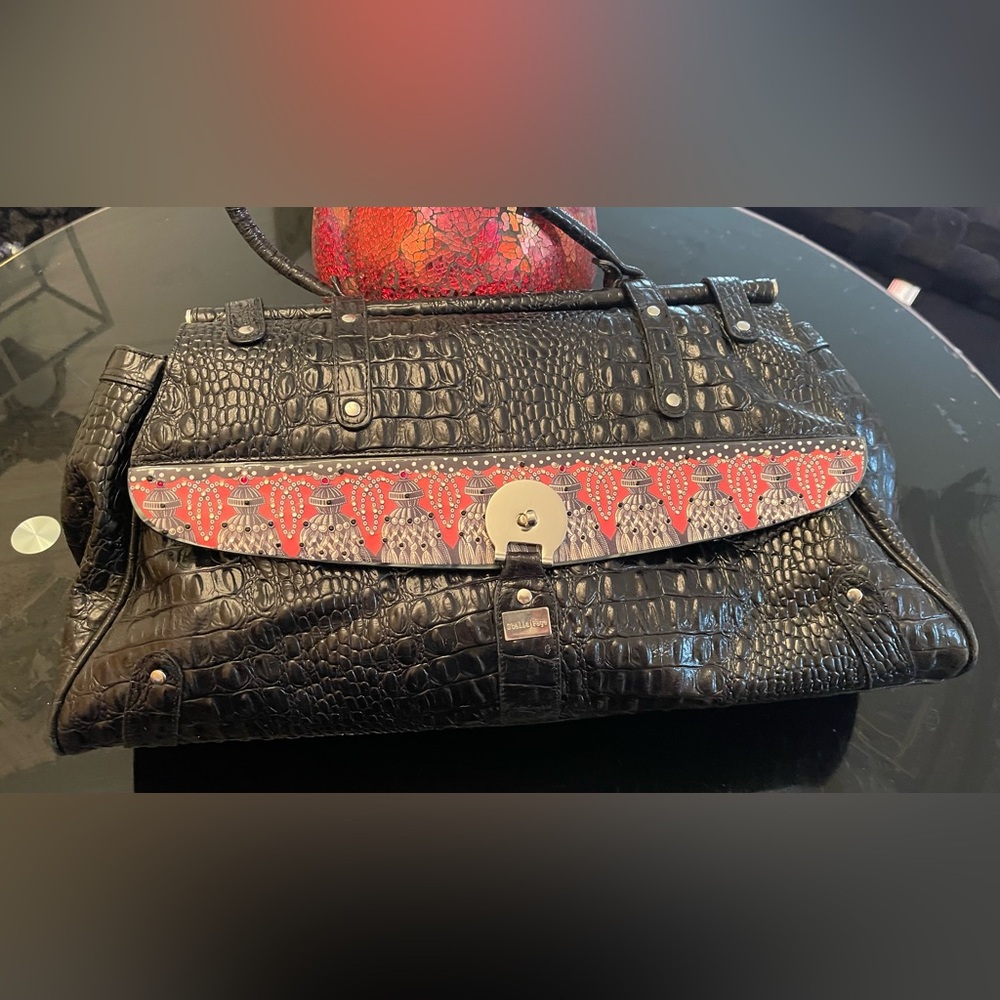 Stella Page Handmade Black Ostrich Faux Leather Studded Rhinestone Bag